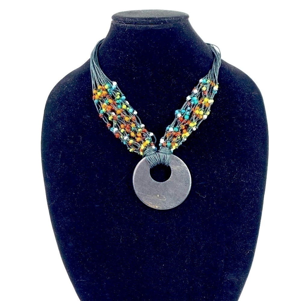 Erica Lyons 1980's Tribal Beaded Cord Necklace With Wood Pendant Black/Multi